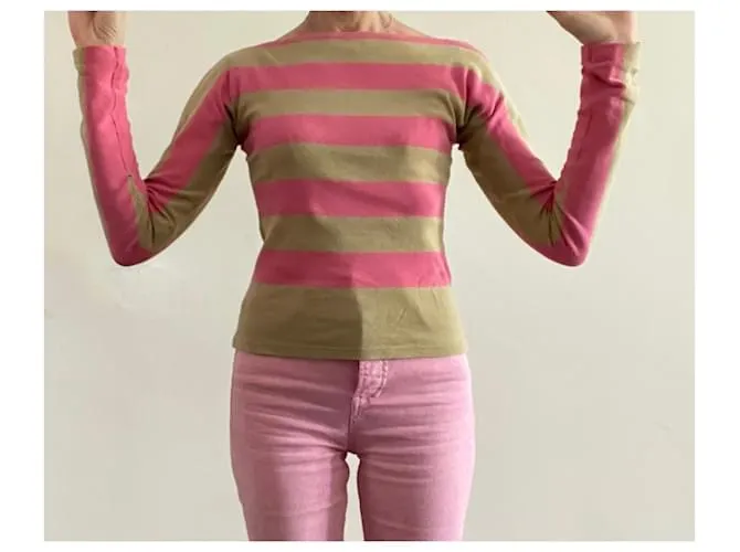 Camiseta de manga larga con rayas rosas y beige caqui Sonia Rykiel T. 36 