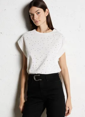IKKS Camiseta de cuello redondo con tachuelas de algodón en blanco