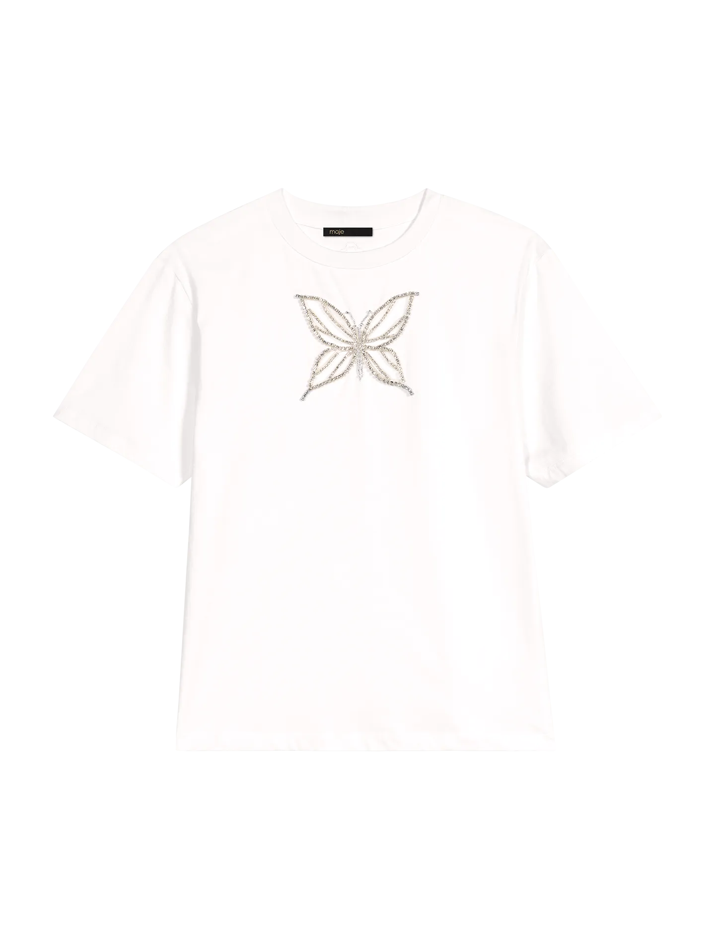 MAJE Camiseta recta de algodón con cuello redondo en blanco