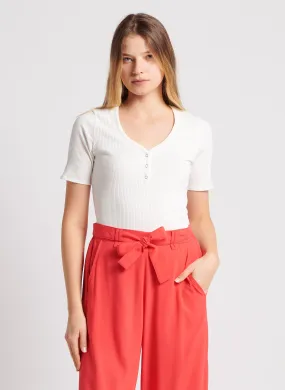 MARIE SIXTINE DIEGO - Top entallado de canalé de algodón con cuello de pico en blanco