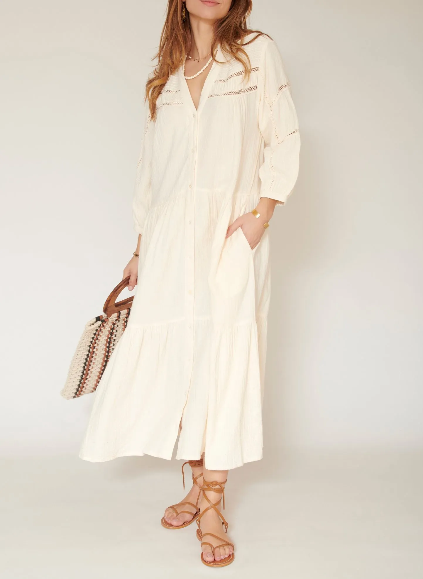 MKT RYTHON - Vestido largo de algodón con cuello de pico en blanco