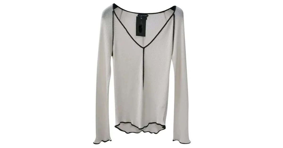 Tom Ford camiseta blanca de manga larga con cuello en v Sz.METRO Blanco 