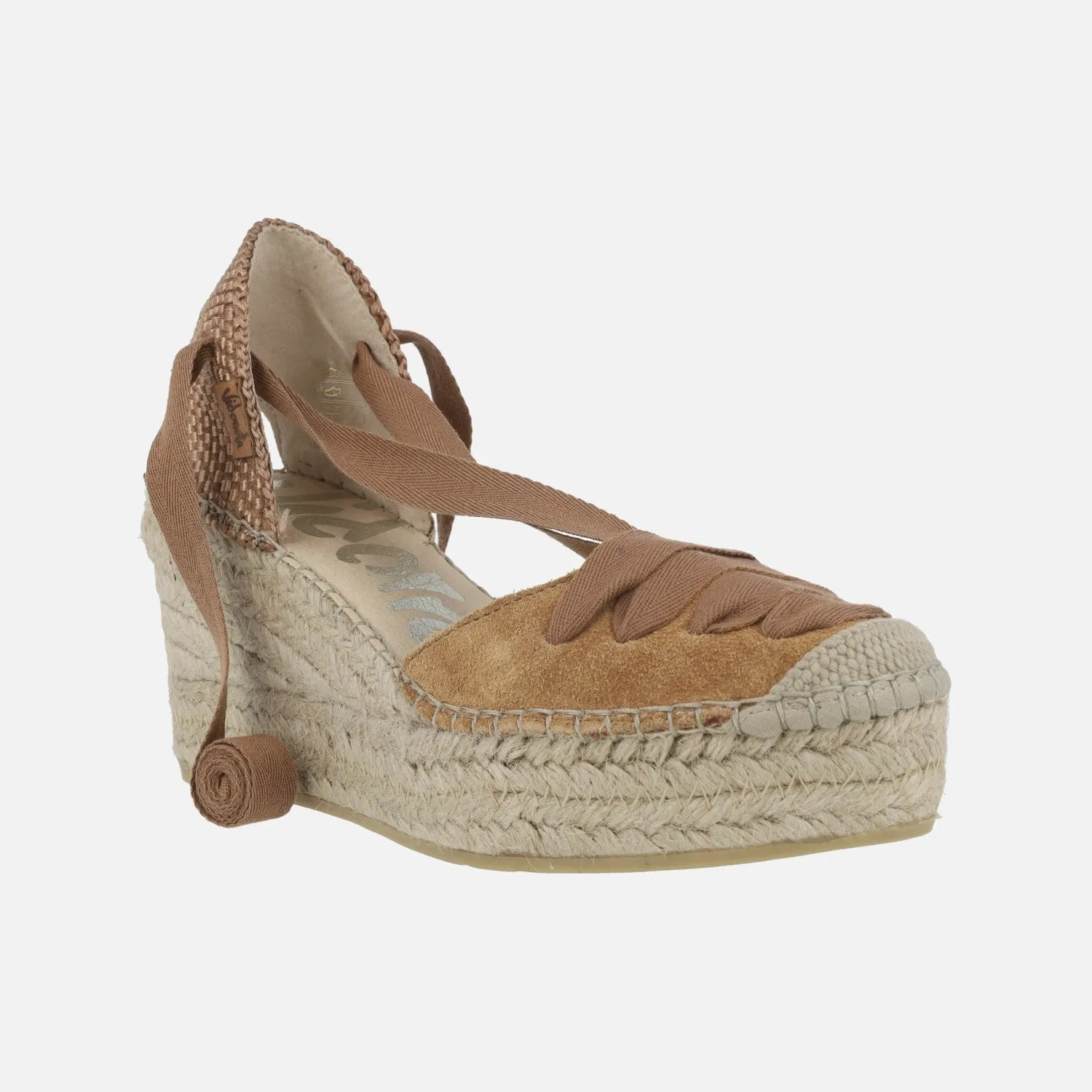 Zapatillas de esparto en serraje cuero con cintas